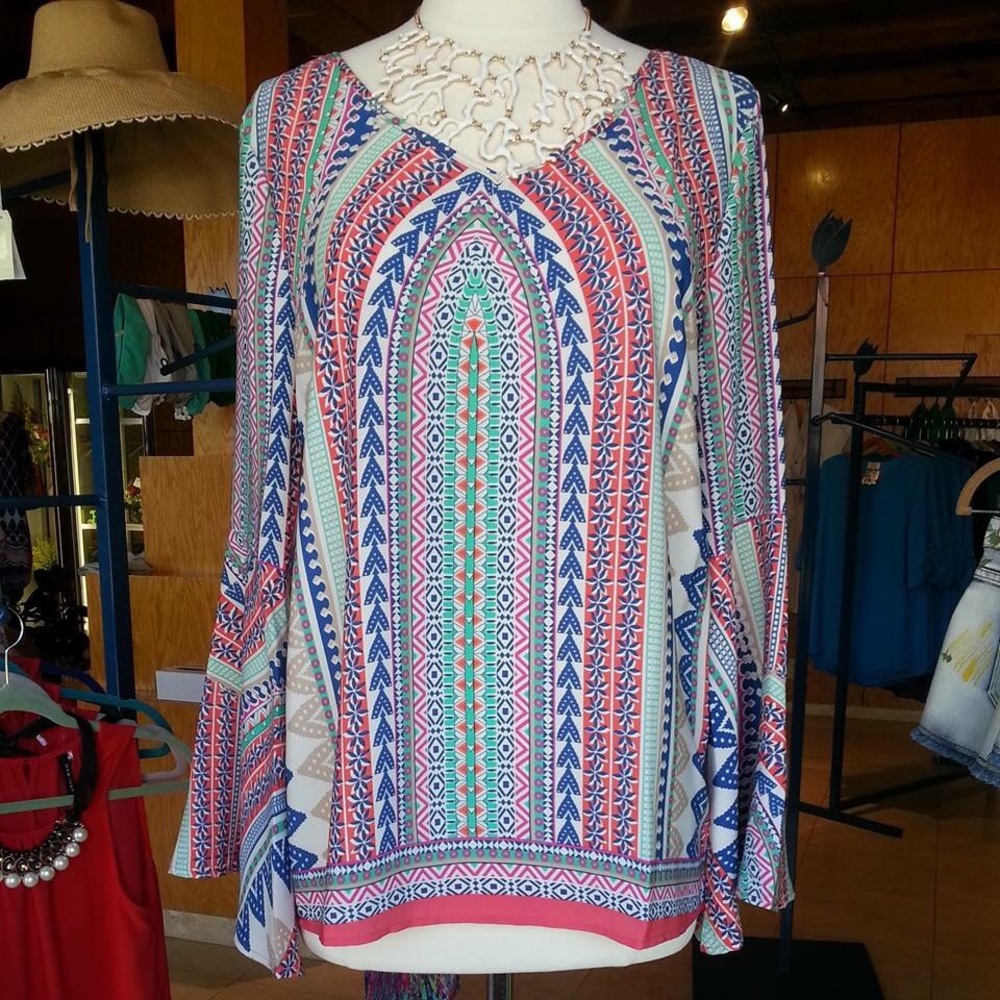 Geo print bell sleeve blouse.